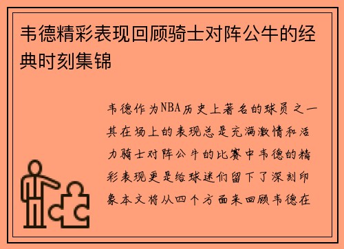 韦德精彩表现回顾骑士对阵公牛的经典时刻集锦